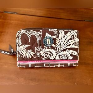 Vera Bradley Brown and Cream Floral Quilted Zip Wallet with Pink Trim